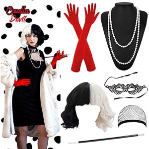 Eldiven Cruella de Ville Süslü Elbise Kostümü Cadılar Bayramı Kostüm Cruella Cosplay Partisi Malzemeleri Siyah Beyaz Peruk Maskesi Maske Eldivenleri Kolye