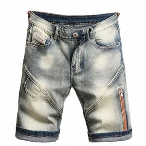 Vintage jeans skarvning shorts mäns sommar nya fi hiphop rak förfallna knä denim byxor male streetwear m5vh#