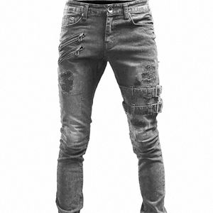 Zipper Decorati Slim Fit Biker Dżinsy Mężczyźni Mężczyzny Katosy Rape Raped Chude Dżinsy Wysokiej jakości Hip Hop Black Oversize Denim Pants G9PR#