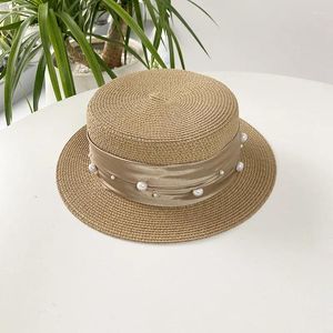 Breda randen hattar sommar elegant retro båthatt hatt kvinnor platt topp halm fritid sol mode pärla resor uv skydd strand