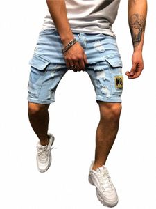 summer New Men's Stretch Straight Short Jeans Fi Casual Slim Fit High Quality Elastic Badge Pockets Hole Denim Shorts Male N8yj#