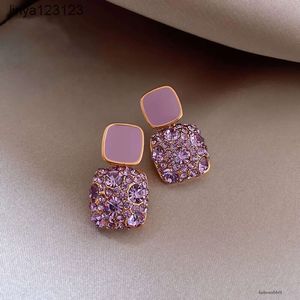 Daihe Korean Style Purple Square Crystal Rhinestoneエレガントなスターリングシエニードル幾何学的ダイヤモンドイヤリング女性