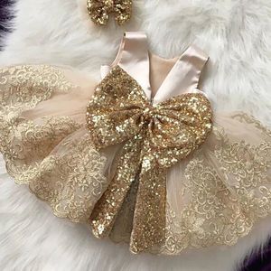 2024 Summer Sequin Big Bow Baby Girl Dress 1st First Birthday Party Wedding Dress For Girl Princess Evening Dresses Kid Clothes 240319