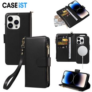 CASEiST 2 EM 1 removível flip couro anel magnético traseiro capa de telefone com zíper carteira compartimentos para cartão suporte capa de carregamento sem fio para iPhone 15 14 13 12 11 Pro Max Plus