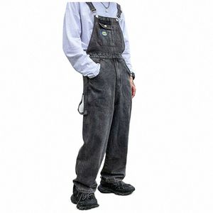 overalls Men Denim Jumpsuit Straight Jeans Hip Hop Big Pocket Wide Leg Cargo Pants Fi Casual Loose Male's Rompers Trousers F8u5#