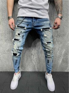 Jeans masculinos homens slim-fit hip hop jeans rasgados homem pintado impresso lápis calças jeans moda retalhos moto motociclista cowboy mendigo calças homens t240326