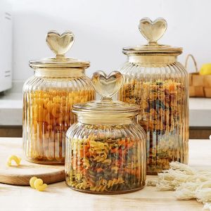 Tools Amber Heart Glass Bottle Sealed Jar with Lid Kitchen Food Storage Container Nut Coffee Bean Candy Jar Clear Glass Box Home Decor