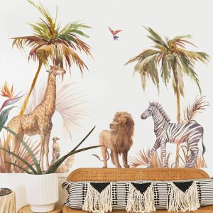 Stitch African Lion Giraffe Wild Zebra Animals Tropical Tree Wall Sticker Nursery Lovningsbar vinylväggdekaler Kidsrum Heminredning