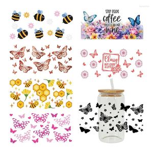 Window Stickers Cartoon Beautiful Flower Butterfly 3D UV DTF Cup Wrap Transfers Waterproof For 16oz Glass D13704