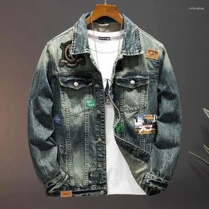 Herrjackor klistra in trasa broderi motorcykel denim jacka high street retro lös och stilig modekläder