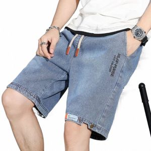 Mäns denim shorts sommar ny elastisk midja tunna löst snörning casual byxor vintage fi män kläder pantales hombre b37u#
