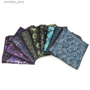 Näsdukar Ny avslappnad polyester Paisley Handle Blue Flower Pocket Square Hanks Mens Daily Clothing Business Party Accessories Gift Y240326