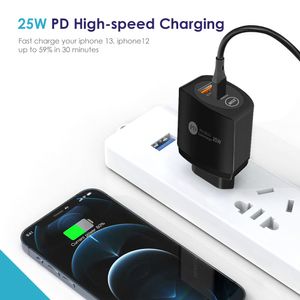 12W 18W 25W PD + USB-A Adaptador de carregador de parede PD rápido de portas duplas QC 3.0 Carregador de energia USB para iPhone Samsung UE US UK Plug Branco Preto com saco OPP