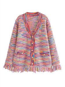 Herbst Regenbogen Farbe Gestrickte Pullover Frauen Mode Quaste Dekoration Strickjacke Vintage Einreiher Kausalen Tops 240323