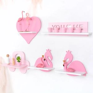 Prateleira de parede de madeira nórdica, prateleira de cisne, coroa, menina, rosa, decoração de quarto infantil, montagem na parede, banheiro, decoração de casa