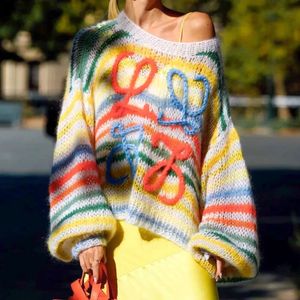 여성 스웨터 대형 니트 레인보우 여성 패션 스트라이프 대비 둥근 목 풀 오버 스웨터 캐주얼 느슨한 귀여운 점퍼 Y2K Top 231012