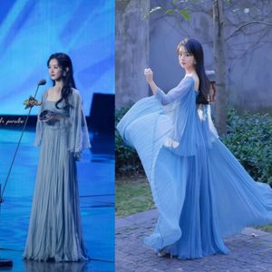 Elegant Long Square Neck Chiffon Celebrity Dresses A-Line Light Blue Pleated Floor Length Zipper Back Evening Prom Dresses for Women