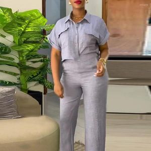 Women's Two Piece Pants Women Commute Suit Elegant Shirt Set With Turn-down Collar Short Sleeves High Elastic Waist Solid Color For Work