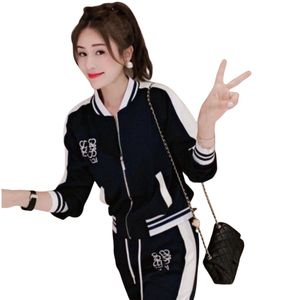 Women's color block embroidery letter floral pattern coat and long trousers twinset 2 pc pants suit SMLXLXXL