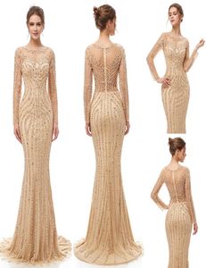 2019 Elegante champagne di lusso con perline di cristallo Abiti da sera a sirena yousef aljasmi Robe De Soiree collo in tulle trasparente arabo Prom Fo4448821