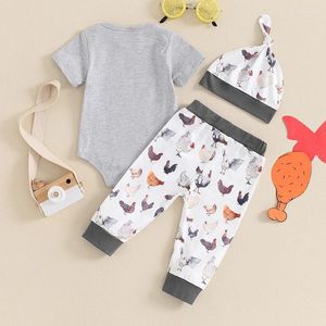 Kläduppsättningar födda baby boy gård outfit till coop korta ärm romper kycklingbyxor hatt 3st kommer hem kläder