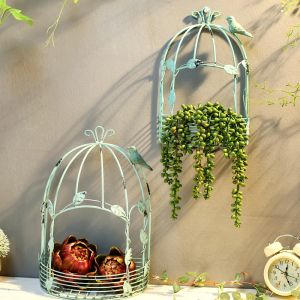 Kits Vintage American Country Wall Hanging Metal Wire Iron Half Bird Cage Flower Pot Garden Decoration