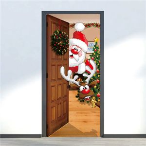 Stickers Santa Claus Door Stickers Merry Christmas Wallpaper Bedroom Living Room Holiday Decor Cartoon Elk Selfadhesive Mural PVC Poster