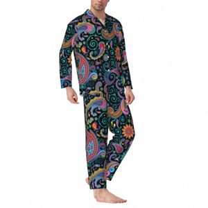 retro paisley tryck pyjamas manliga färgglada blommor varm sömn sömnkläder höst 2 stycke casual överdimensionerad mönster pyjamas set c3qj#