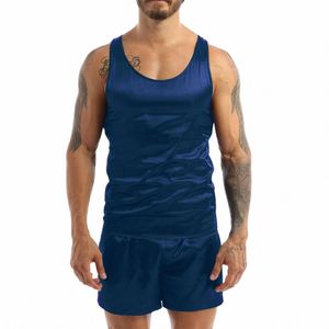 fi Pijamas masculinos Set Verão Cetim Masculino Sleevel Tank Top Shorts Pijamas Loungewear Nightwear Homesuit Casual Homewear F9Wi #