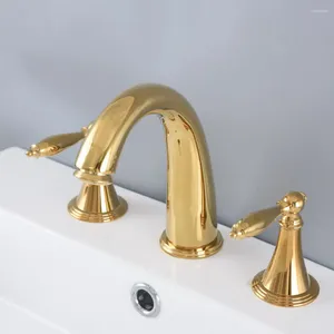 Bad Waschbecken Wasserhähne Gold Farbe Messing Weit Verbreitet Dual Griff Waschbecken Mischbatterien Deck Montiert 3 Löcher Toilette Wasserhahn Anf986