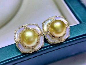 Stud Earrings Elegant 9-10mm South China Sea Gold Pearl 925s