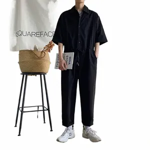 men's Overalls Jumpsuits Summer Fi Casual Nine Point Cargo Pants Japanese Retro Male Clothes Couple Loose Solid Color Suit k34E#