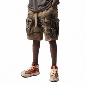 Summer Street Multi Pocket Camoue Patchwork Mens Camo Shorts Pants Retro High Street Male Wide Leg Five Point Cargo Pants H6pp#