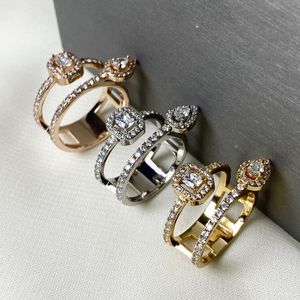 Luxuriöse Bandringe aus Kupfer mit 18 Karat vergoldet. Move Brand Designer Doppelter ovaler Zirkon-Charm-Schichten-breiter Hohlring für Frauen, Schmuck, Party-Geschenk