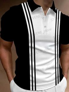 남자 티셔츠 여름 남자 폴로 셔츠 스 플라이 싱 스트라이프 프린트 간단한 옷깃 버튼 셔츠 대형 짧은 SLVE 캐주얼 의상 패션 탑 T240325