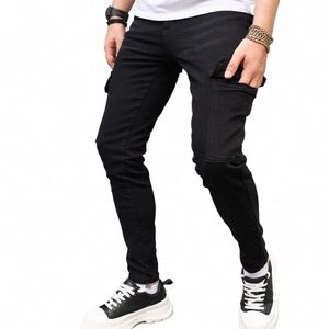 2024 New Black Slim Men's Stretch Jeans Cargo Pants Fi Hip Hop Streetwear Male Work Wear Pocket Denim Trousers 54FU#