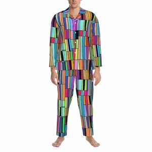 ColorBlock Sleepwear Abstract Abstract Bookhelf Casual Overdimensionerad Pyjama Set Men LG ärmar Romantiska Daily Printed Nightwear X7VP#