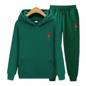 Erkek setleri hoodies+pantolon sonbahar kış kapüşonlu sweatshirt eşofmanları fi ince fit erkekler gül baskı hip hop kazak kapüşonlu 94nr#