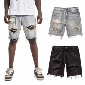 Men Denim Shorts Mens Summer Distred Stylish Butt Fly Ripped Holes Slim Fit Korean Youth for Knee-length P9vb#