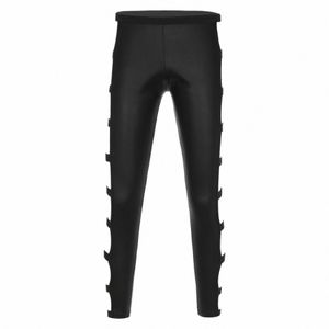 nero Mens scava fuori PU pantaloni skinny in pelle elastica Leggings pantaloni ritaglio Leggings Club Dance Performance Costume J5Sc #