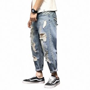 men Summer Ripped Ankle Length Plus Size Jeans 38 40 42 Harem Holes Hip Hop Trousers Denim Scratched Loose Boys Cool Blue Pants 282H#