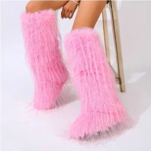 Cute Girls Pink Khaki Blue Synthetic Plush Fringed Fur Round Toe Knee High Flat Snow Boots Women Warming Winter Long Boots Shoes