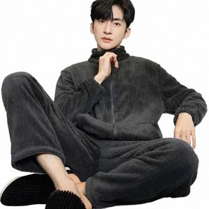 nightwear Soft Suit Piece 2 Thicken Sleepwear Pijama Loungewer Flannel Winter Lg Sleeve Men's Home Sets Pajamas Male Warm A0pz#