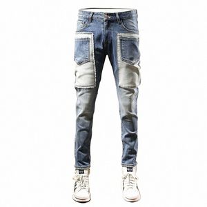 2022 Trendy fi patch trend jeans for men slim casual scraped stretch pants feet men jeans ripped jeans t7iW#