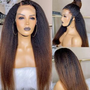 Soft Yaki 26inches Long Ombre Brown Blonde Kinky Straight 180Density Deep Lace Front Wig for Black Women Babyhair Preplucked Glueless