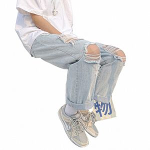 Homens jovens maré solta marca jeans rasgados tendência coreana calças retas high street hip hop calças leves de nove pontos v0Oi #