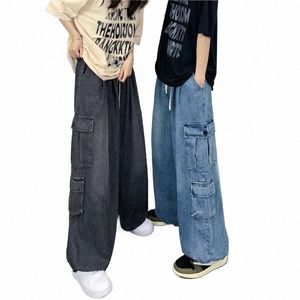 American Pocket W Jeans Män och kvinnor Hip Hop Street Cargo Casual Pants Par Fi Loose Straight Trousers Streetwear G8U7#