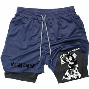 anime Performance Shorts Printed Men GYM Casual Sports Compri Shorts Workout Running Mesh 2 in 1 Sport Short Pants M-3XL t2xE#