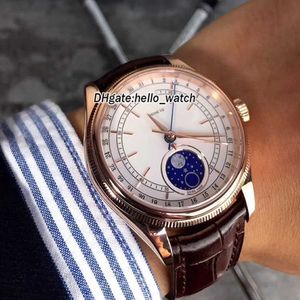 Дизайнерские часы Дешевые 39 мм Cellini Moonphase 50535 M50535 Автоматические мужские часы с белым циферблатом Корпус из розового золота Кожаный ремешок Сапфир d195P