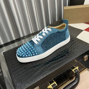 Top version of European men's shoes, red soles, low tops, blue leather upper, studded casual shoes, men's and women's fashion shoes, original last, size 38-46